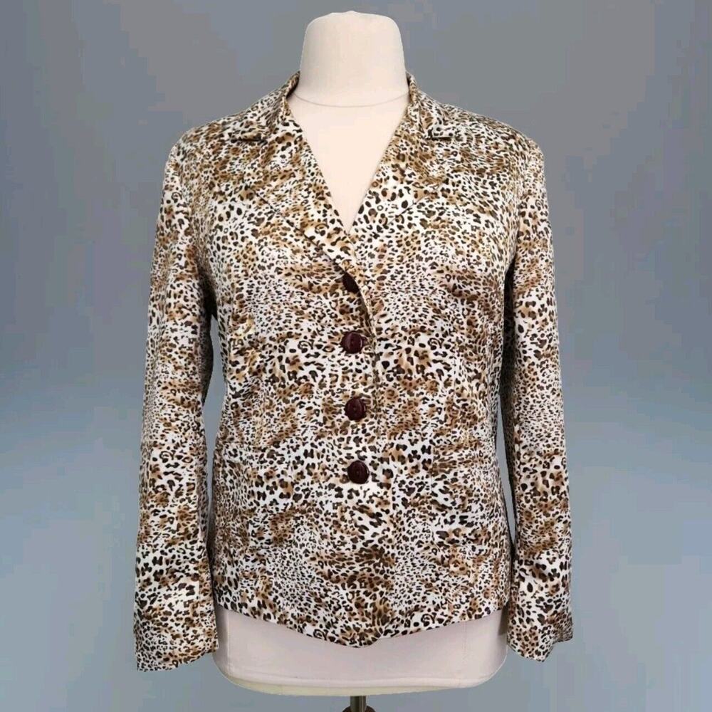 Allyson Cara Lined Silky Satiny Jacket Blazer Brown Animal Print Career Pockets